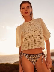 Ecru Cream Crochet Woven Short Sleeve Top - Image 2 of 6