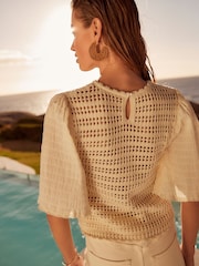 Ecru Cream Crochet Woven Short Sleeve Top - Image 3 of 6