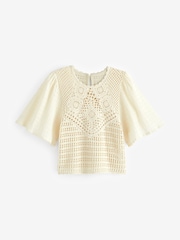 Ecru Cream Crochet Woven Short Sleeve Top - Image 5 of 6