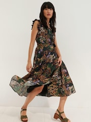 Oliver Bonas Safari Frill Sleeve Wrap Black Midi Dress - Image 1 of 8