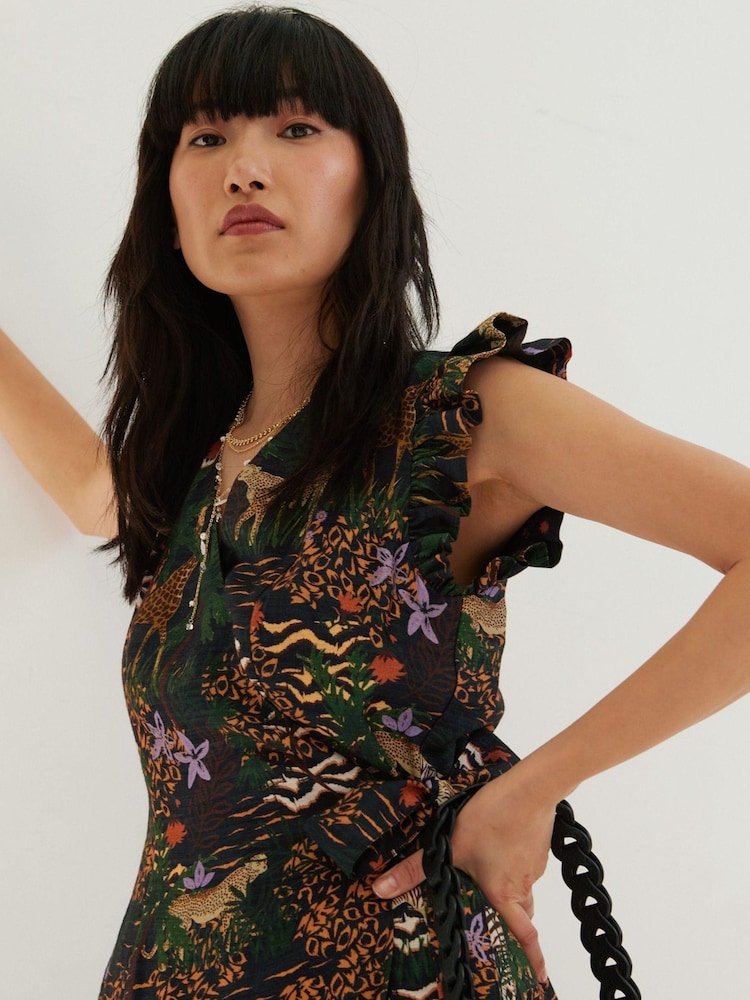 Oliver Bonas Safari Frill Sleeve Wrap Black Midi Dress - Image 2 of 8