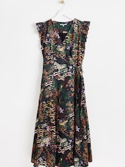 Oliver Bonas Safari Frill Sleeve Wrap Black Midi Dress - Image 3 of 8