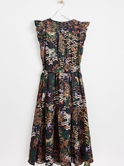 Oliver Bonas Safari Frill Sleeve Wrap Black Midi Dress - Image 4 of 8