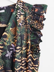 Oliver Bonas Safari Frill Sleeve Wrap Black Midi Dress - Image 7 of 8