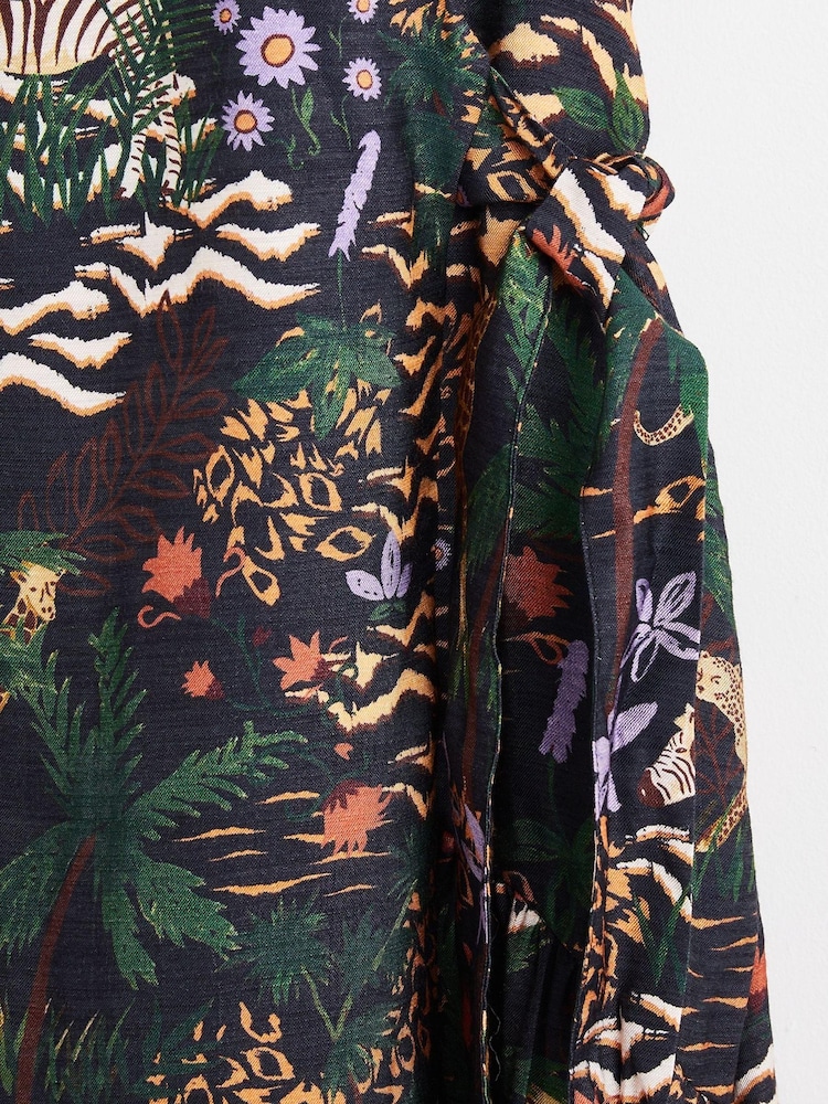 Oliver Bonas Safari Frill Sleeve Wrap Black Midi Dress - Image 8 of 8