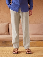 Stone Natural Signature Leomaster Italian Delave Linen Drawstring Trousers - Image 1 of 10