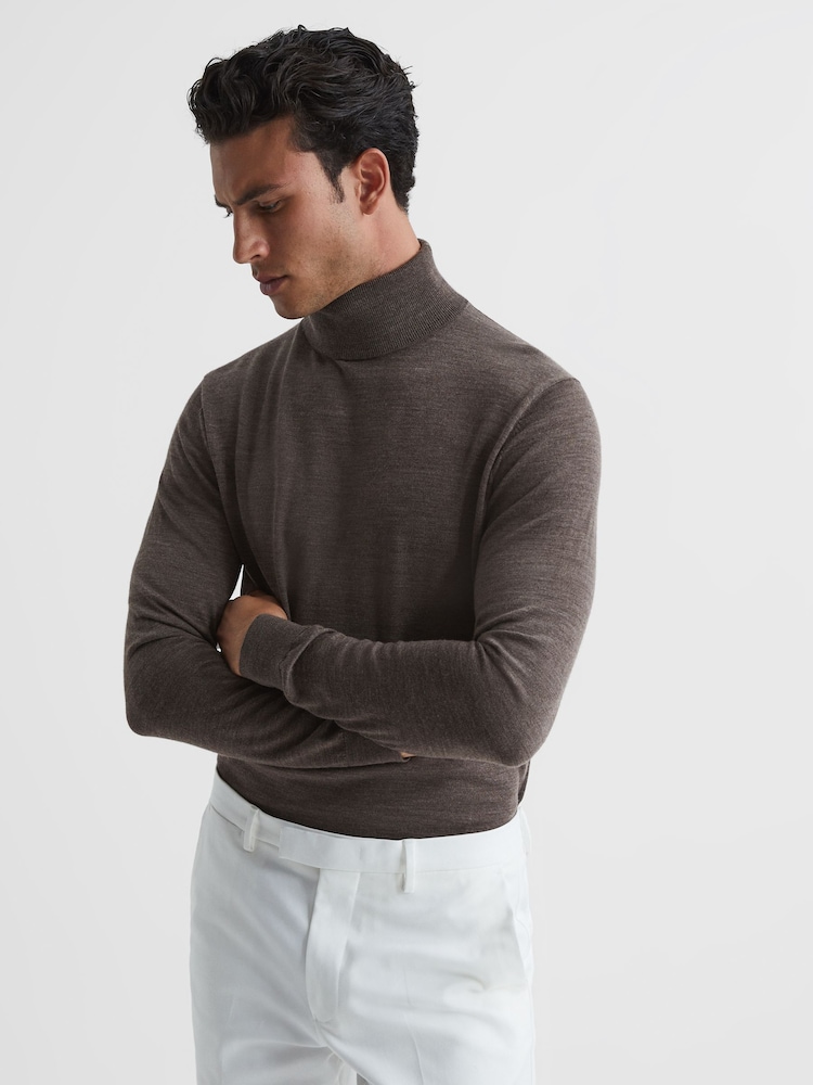 Reiss Mouse Brown Melange Caine Merino Wool Roll Neck - Image 1 of 5