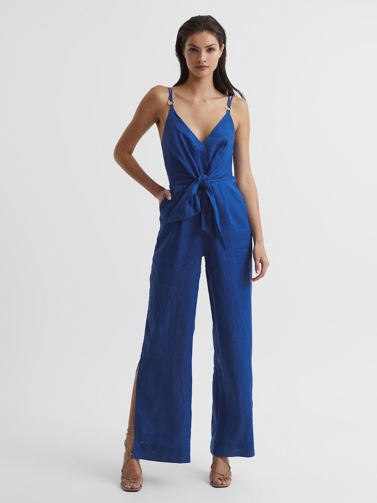 Reiss Bright Blue Ana Linen Jumpsuit - Image 1 of 7