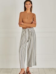 White/Blue Stripe Linen Blend Tie Waist Crop Trousers - Image 1 of 4