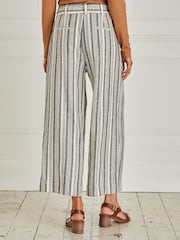 White/Blue Stripe Linen Blend Tie Waist Crop Trousers - Image 2 of 4