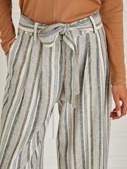 White/Blue Stripe Linen Blend Tie Waist Crop Trousers - Image 3 of 4