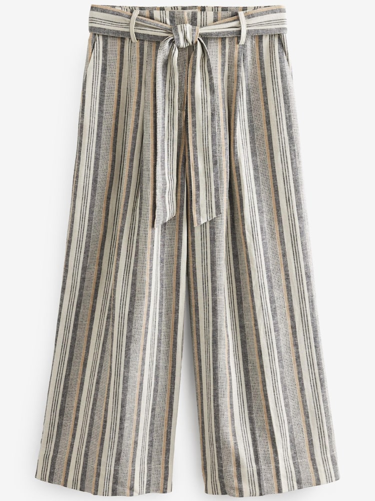 White/Blue Stripe Linen Blend Tie Waist Crop Trousers - Image 4 of 4