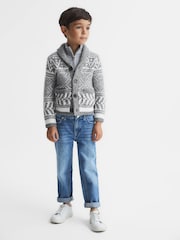 Reiss Grey Melange/Ecru Noel Senior Shawl Collar Fairisle Pattern Cardigan - Image 1 of 7