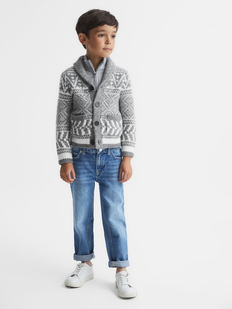 Reiss Grey Melange/Ecru Noel Senior Shawl Collar Fairisle Pattern Cardigan - Image 1 of 7 Reiss Grey Melange/Ecru Noel Senior Shawl Collar Fairisle Pattern Cardigan - Image 1 of 7