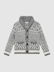 Reiss Grey Melange/Ecru Noel Senior Shawl Collar Fairisle Pattern Cardigan - Image 2 of 7