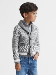 Reiss Grey Melange/Ecru Noel Senior Shawl Collar Fairisle Pattern Cardigan - Image 3 of 7