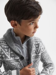 Reiss Grey Melange/Ecru Noel Senior Shawl Collar Fairisle Pattern Cardigan - Image 4 of 7