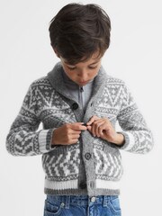 Reiss Grey Melange/Ecru Noel Senior Shawl Collar Fairisle Pattern Cardigan - Image 6 of 7