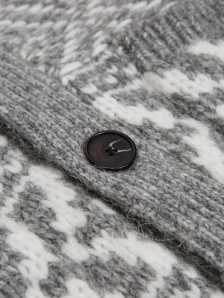 Reiss Grey Melange/Ecru Noel Senior Shawl Collar Fairisle Pattern Cardigan - Image 7 of 7 Reiss Grey Melange/Ecru Noel Senior Shawl Collar Fairisle Pattern Cardigan - Image 7 of 7