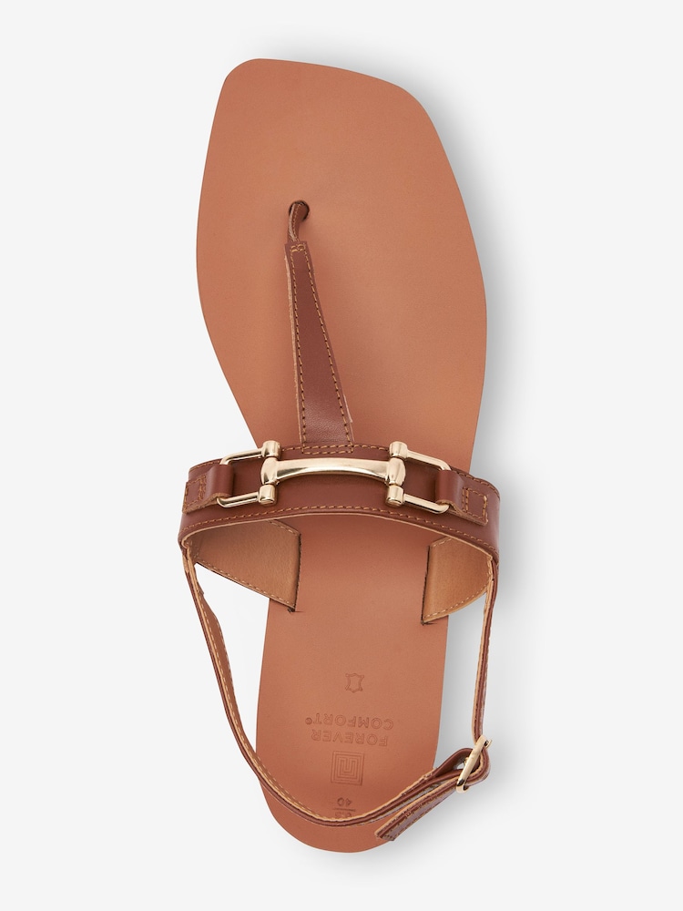 Tan Brown Regular/Wide Fit Leather Toe Post Flat Sandals with Metal Detail - Image 3 of 4