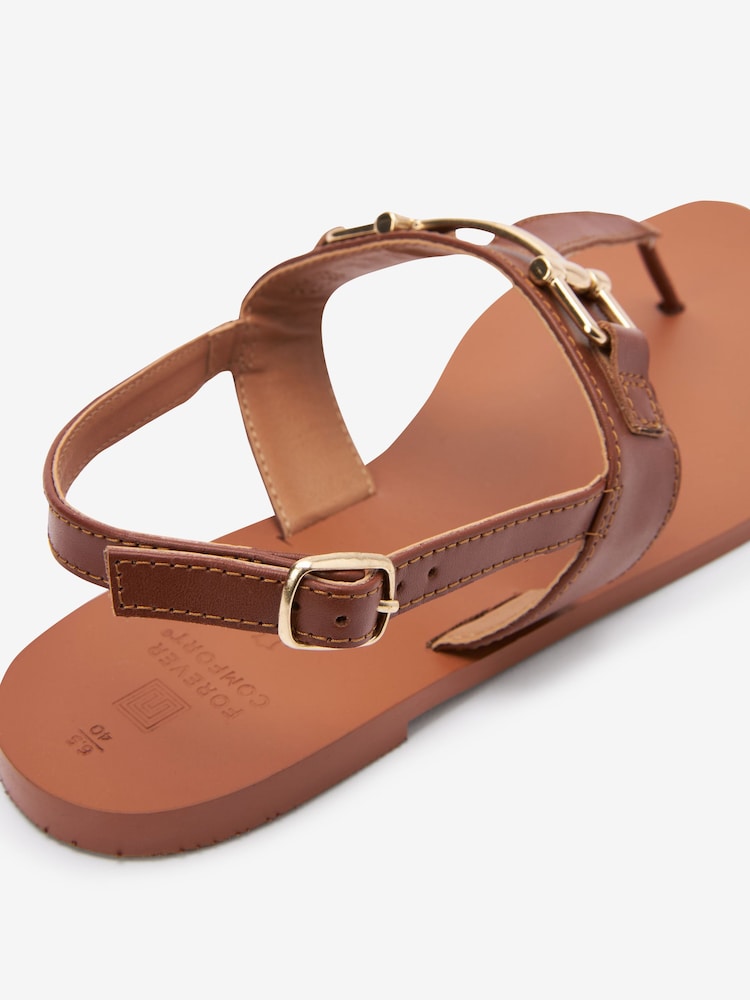 Tan Brown Regular/Wide Fit Leather Toe Post Flat Sandals with Metal Detail - Image 4 of 4 Tan Brown Regular/Wide Fit Leather Toe Post Flat Sandals with Metal Detail - Image 4 of 4