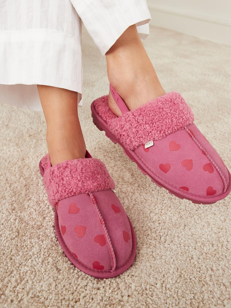 Pink Heart Suede Mule Slippers with Elastic Support - Image 2 of 7 Pink Heart Suede Mule Slippers with Elastic Support - Image 2 of 7