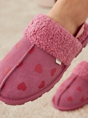 Pink Heart Suede Mule Slippers with Elastic Support - Image 3 of 7