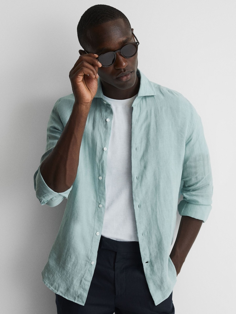 Reiss Aquamarine Ruban Linen Long Sleeve Shirt - Image 1 of 6