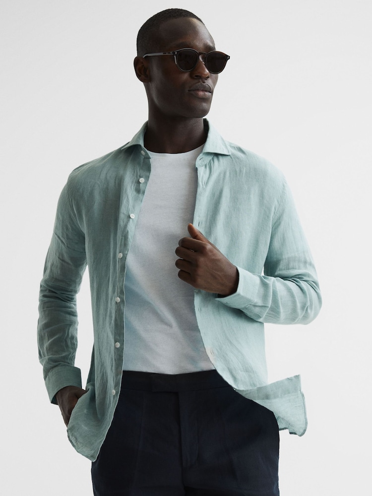 Reiss Aquamarine Ruban Linen Long Sleeve Shirt - Image 6 of 6