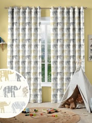 Lemon Yellow Kids Patterned Elephants Made To Measure 100% Cotton Curtains - Image 1 of 9