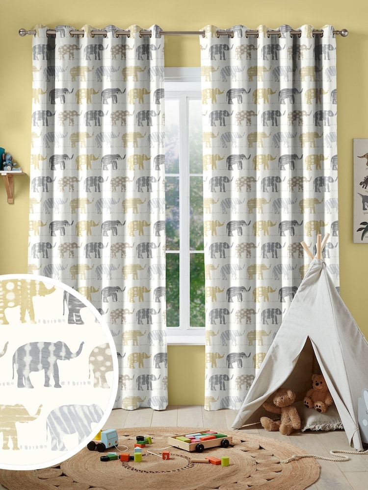 Lemon Yellow Kids Patterned Elephants Made To Measure 100% Cotton Curtains - Image 1 of 9