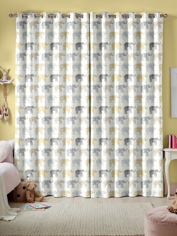 Lemon Yellow Kids Patterned Elephants Made To Measure 100% Cotton Curtains - Image 2 of 9