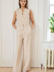 Ecru Cream Utility Belted Jumpsuit - Image 1 of 4