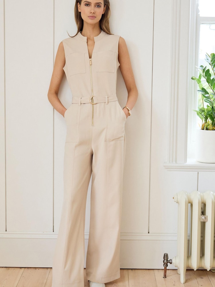 Ecru Cream Utility Belted Jumpsuit - Image 1 of 4