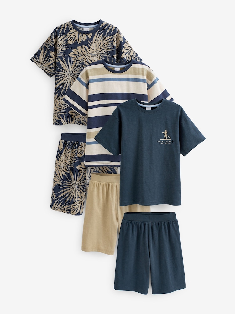 Navy Blue 100% Cotton Palm Print Short Pyjamas 3 Pack (3-16yrs) - Image 1 of 5