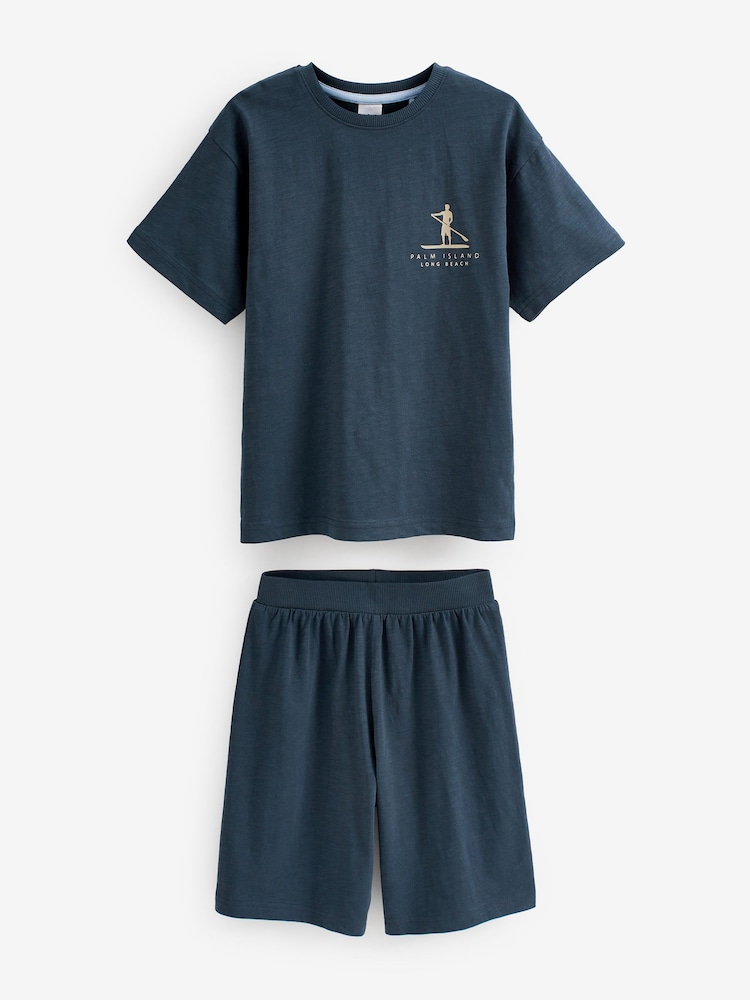 Navy Blue 100% Cotton Palm Print Short Pyjamas 3 Pack (3-16yrs) - Image 2 of 5