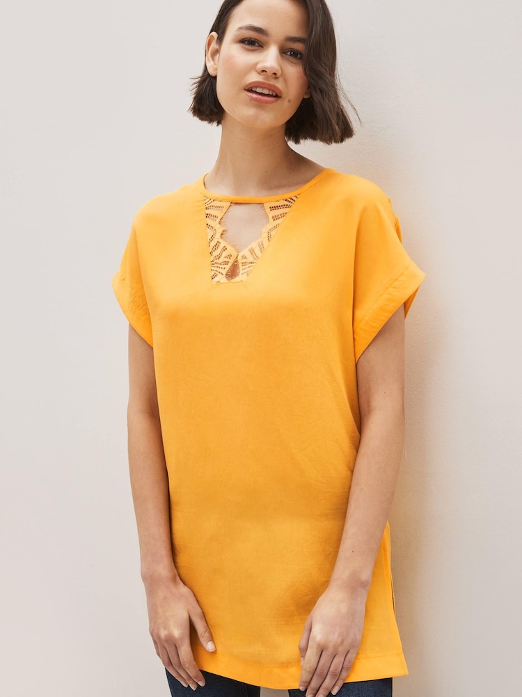 Yellow Lace Neck Short Sleeve Tunic - Image 1 of 4 Yellow Lace Neck Short Sleeve Tunic - Image 1 of 4