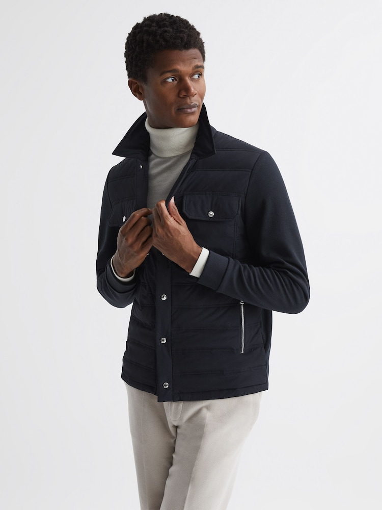 Reiss Navy Roddie Long Sleeve Quilted Hybrid Jacket - Image 1 of 5
