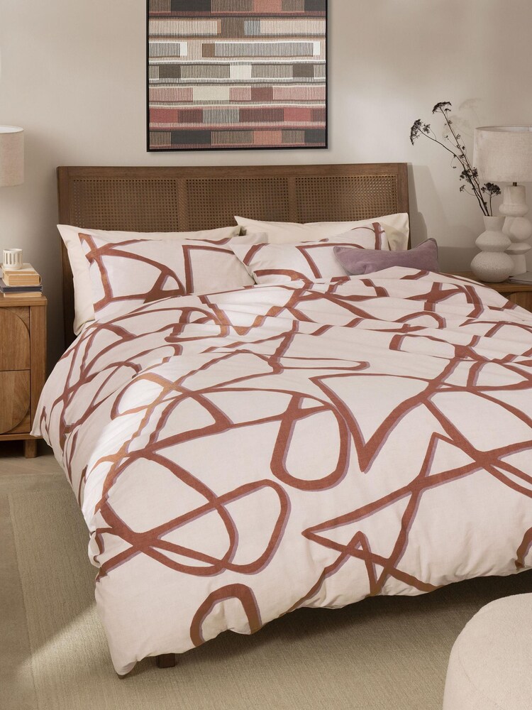 Rust Brown/Ecru Cream Reversible Abstract Duvet Cover and Pillowcase Set - Image 1 of 5