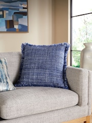 Blue 50 x 50cm Harlston Textured Fringe Cushion - Image 1 of 4