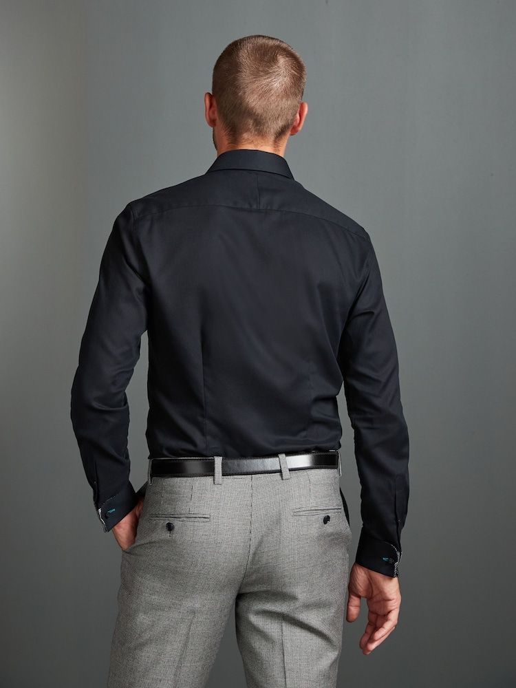 Noir - 100% Cotton Signature Textured Double Cuff Smart Shirt With Trim Detail - Image 3 of 10