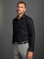Noir - 100% Cotton Signature Textured Double Cuff Smart Shirt With Trim Detail - Image 4 de 10