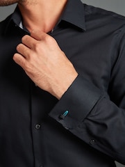 Noir - 100% Cotton Signature Textured Double Cuff Smart Shirt With Trim Detail - Image 5 de 10