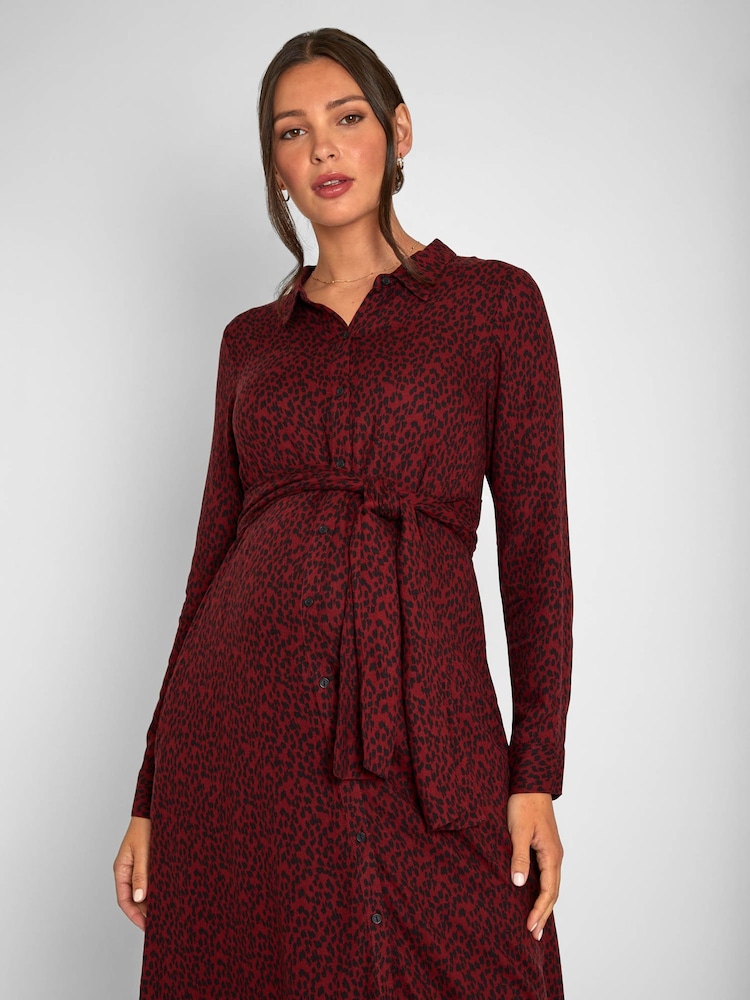 JoJo Maman Bébé Burgundy Red Animal Print Shirt Maternity Dress With Tie - Image 4 of 9