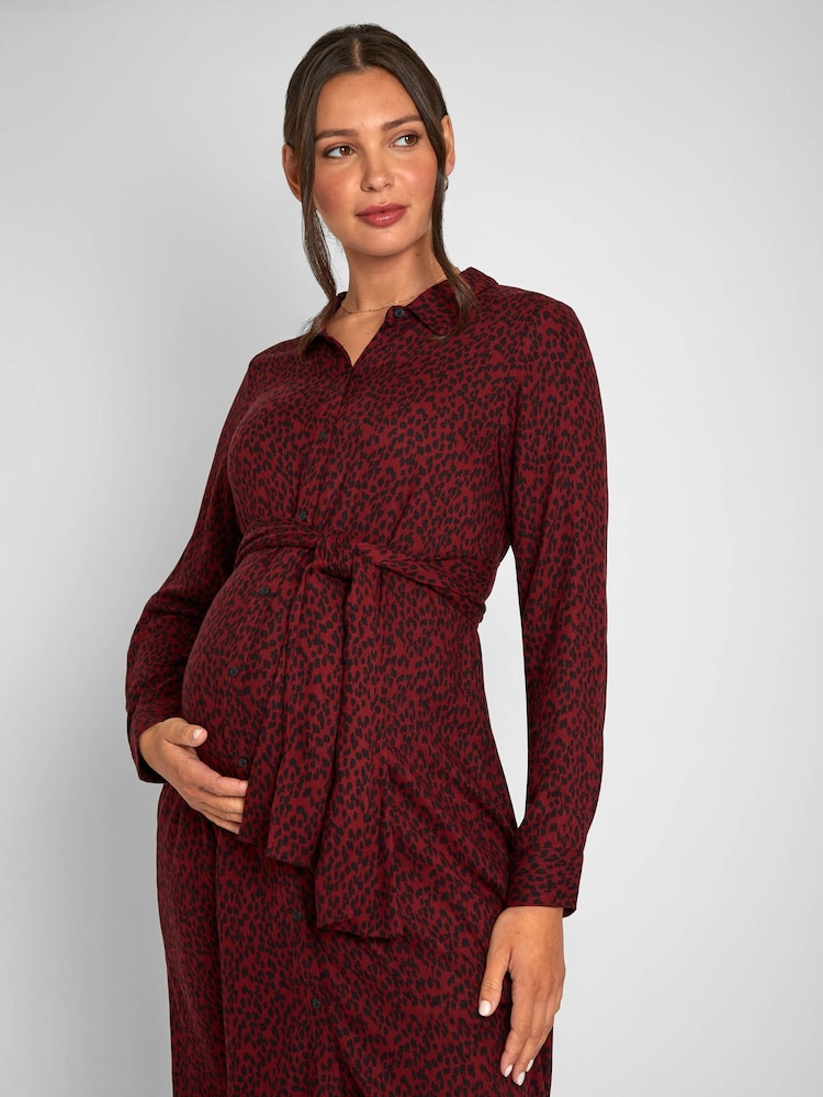 JoJo Maman Bébé Burgundy Red Animal Print Shirt Maternity Dress With Tie - Image 5 of 9