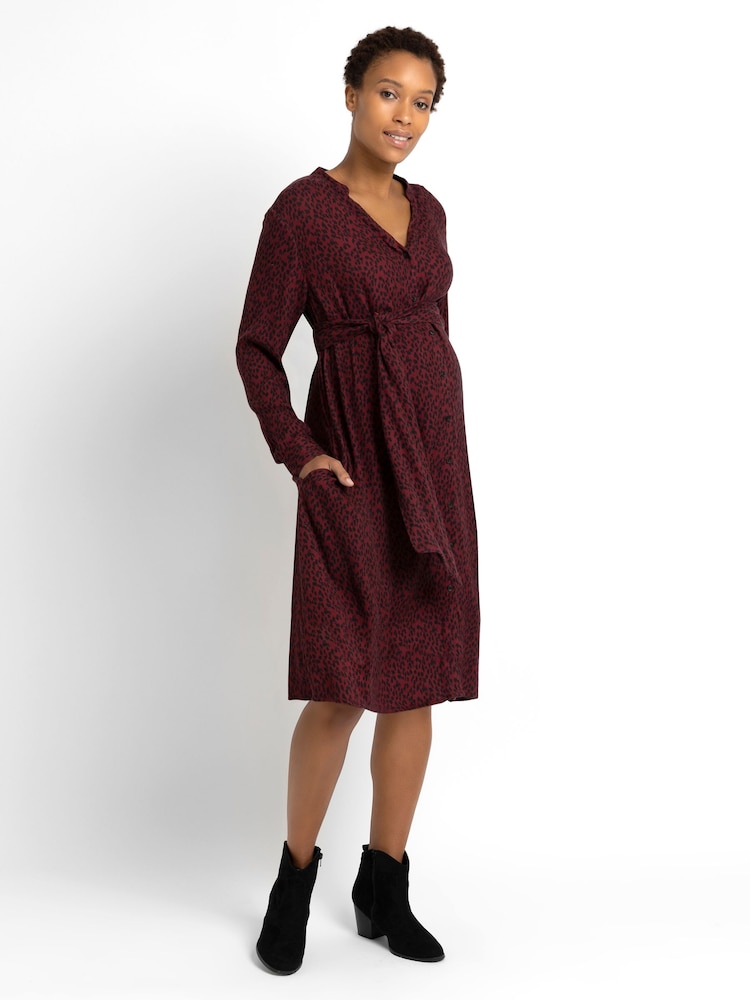 JoJo Maman Bébé Burgundy Red Animal Print Shirt Maternity Dress With Tie - Image 7 of 9