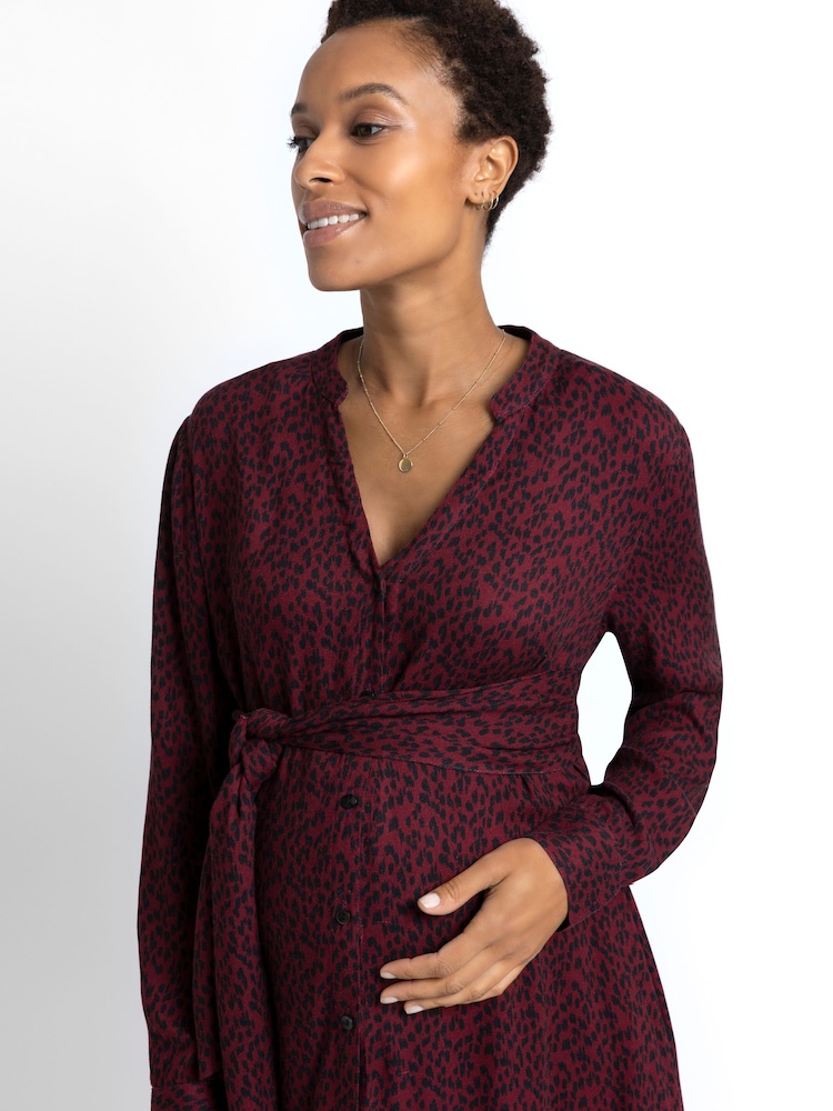 JoJo Maman Bébé Burgundy Red Animal Print Shirt Maternity Dress With Tie - Image 9 of 9