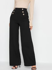 Yours Curve Black Button Detail Wide Leg Trousers - Image 1 of 3