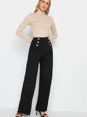 Yours Curve Black Button Detail Wide Leg Trousers - Image 2 of 3