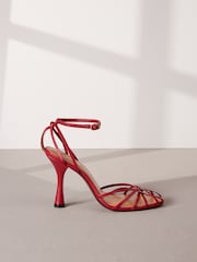 Red Premium Leather Cage Heeled Sandals - Image 3 of 11